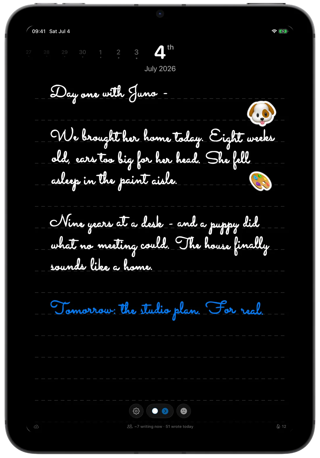 Pennen in dark mode — white handwriting on a black page