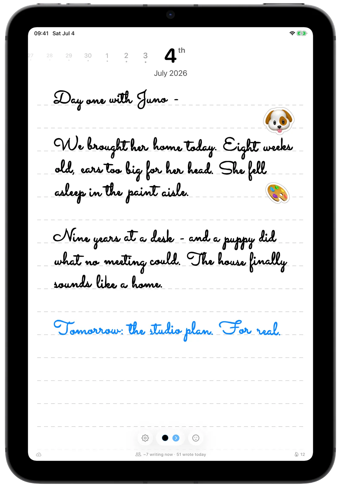 Pennen on iPad mini — a real handwritten journal page: 'Day one with Juno', written in ink with an emoji sticker