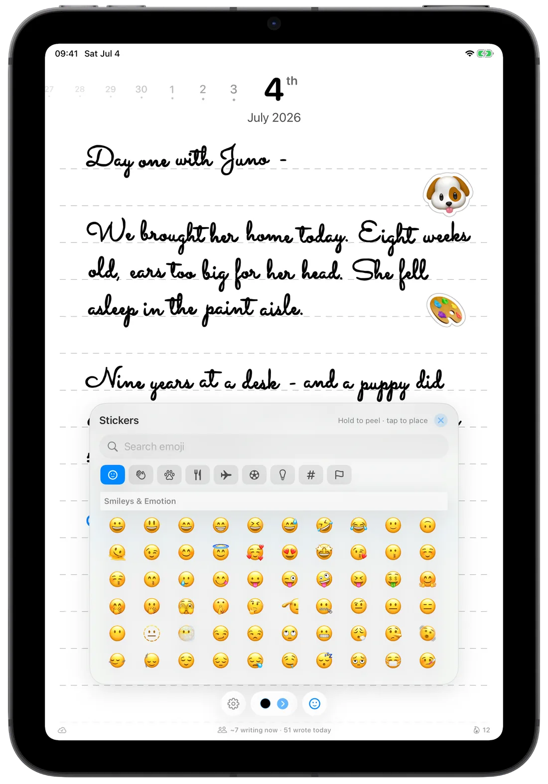 Pennen's emoji sticker picker floating over a handwritten page